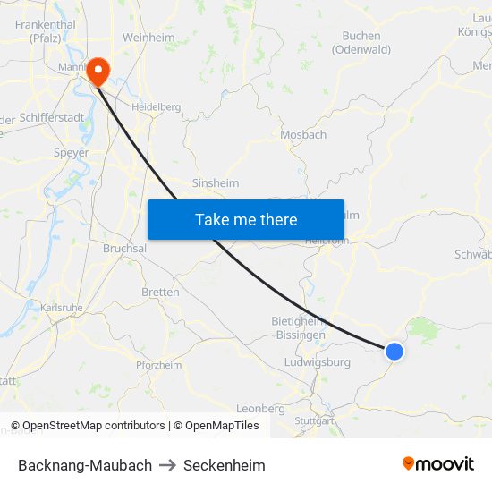 Backnang-Maubach to Seckenheim map