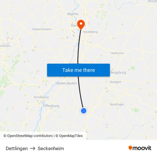 Dettlingen to Seckenheim map