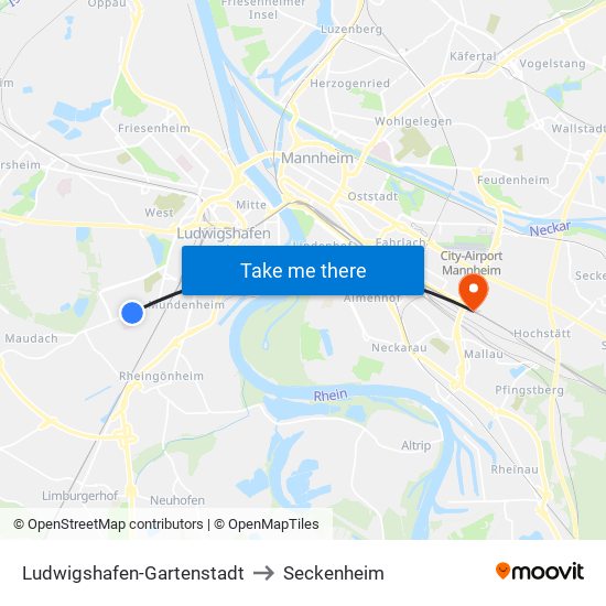 Ludwigshafen-Gartenstadt to Seckenheim map
