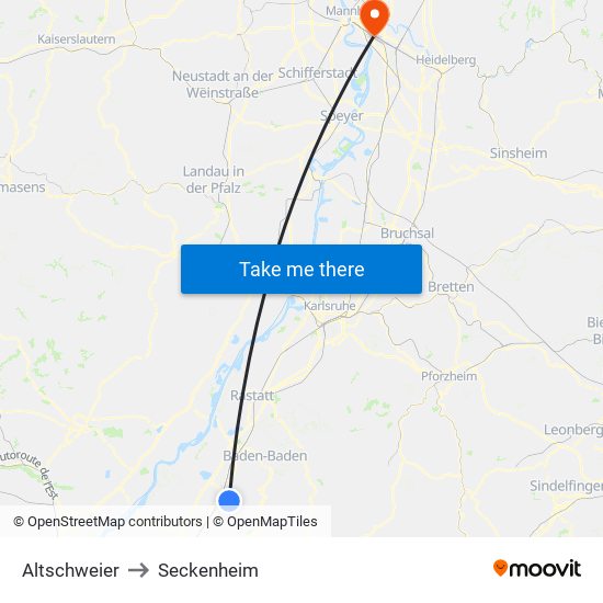 Altschweier to Seckenheim map