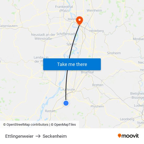 Ettlingenweier to Seckenheim map