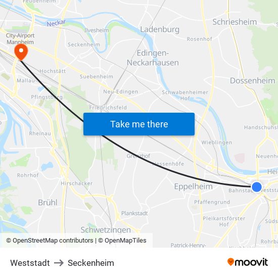 Weststadt to Seckenheim map