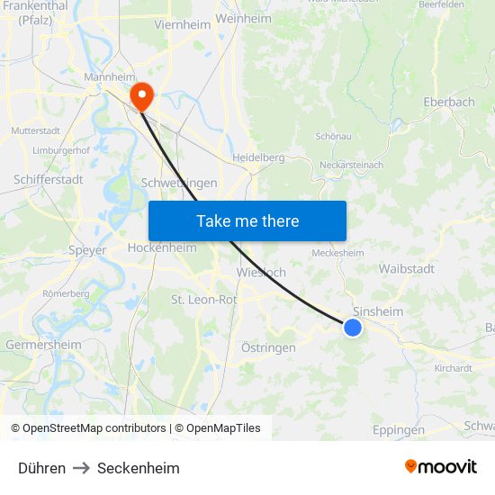 Dühren to Seckenheim map