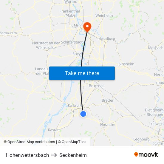 Hohenwettersbach to Seckenheim map
