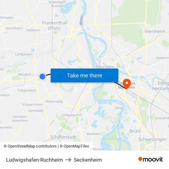 Ludwigshafen-Ruchheim to Seckenheim map