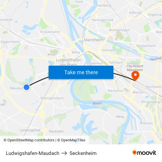 Ludwigshafen-Maudach to Seckenheim map