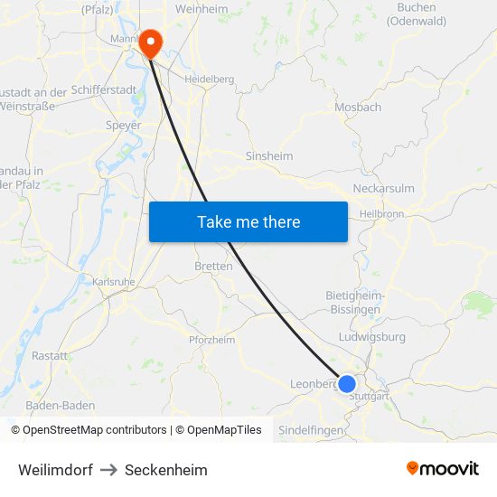 Weilimdorf to Seckenheim map