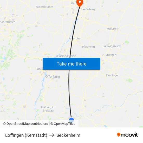 Löffingen (Kernstadt) to Seckenheim map