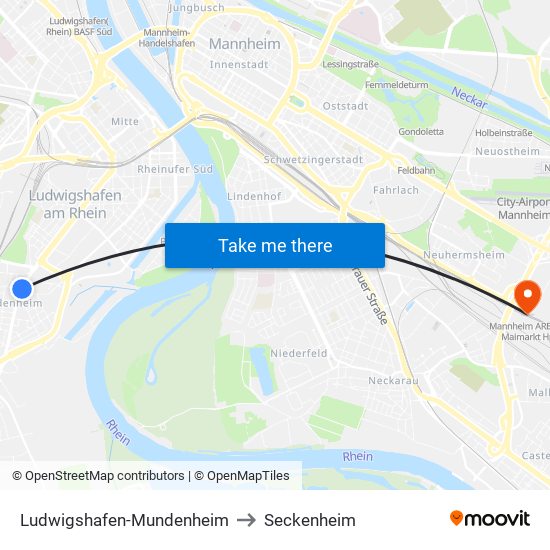 Ludwigshafen-Mundenheim to Seckenheim map