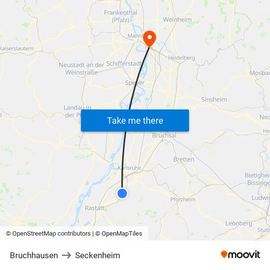 Bruchhausen to Seckenheim map