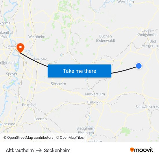 Altkrautheim to Seckenheim map