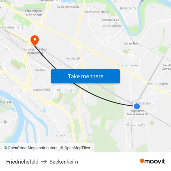 Friedrichsfeld to Seckenheim map