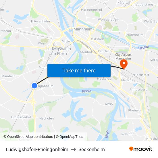 Ludwigshafen-Rheingönheim to Seckenheim map