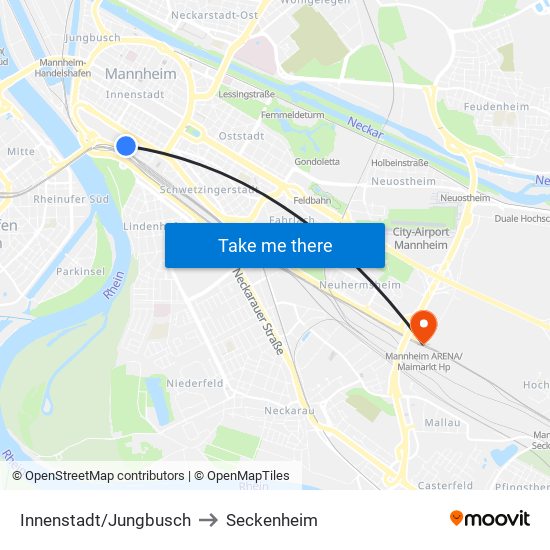 Innenstadt/Jungbusch to Seckenheim map