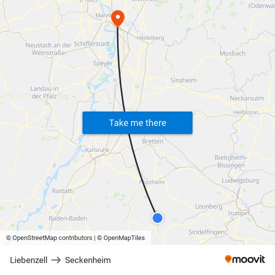 Liebenzell to Seckenheim map