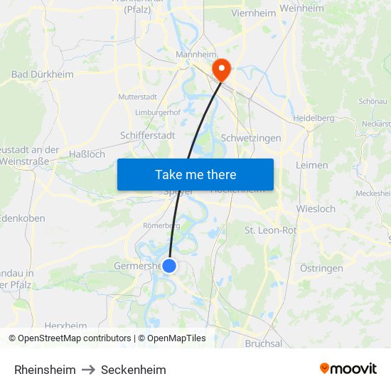 Rheinsheim to Seckenheim map