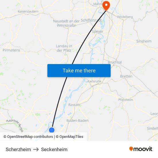 Scherzheim to Seckenheim map
