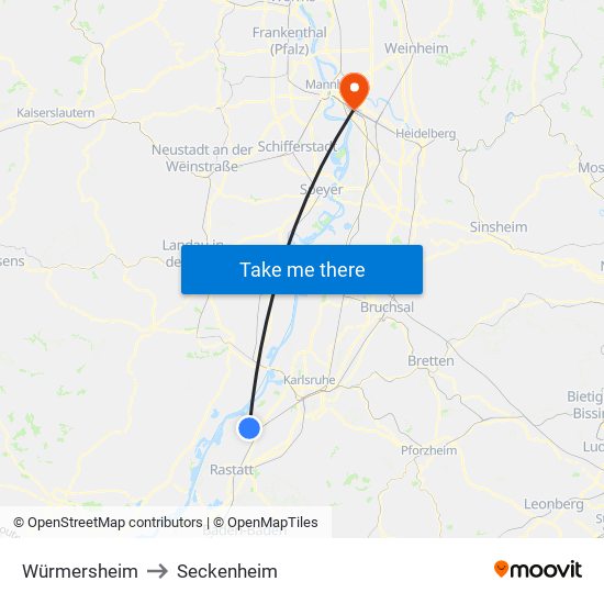 Würmersheim to Seckenheim map