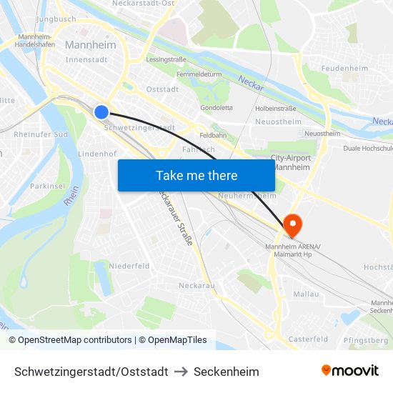 Schwetzingerstadt/Oststadt to Seckenheim map