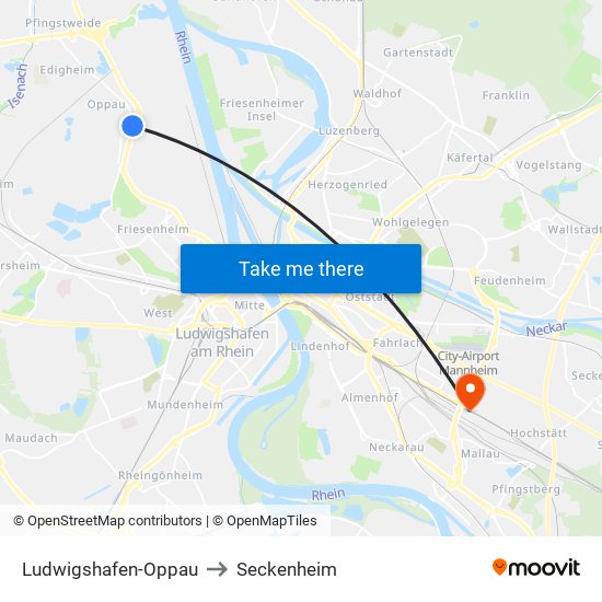 Ludwigshafen-Oppau to Seckenheim map