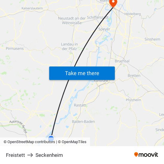 Freistett to Seckenheim map