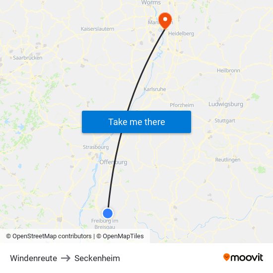 Windenreute to Seckenheim map