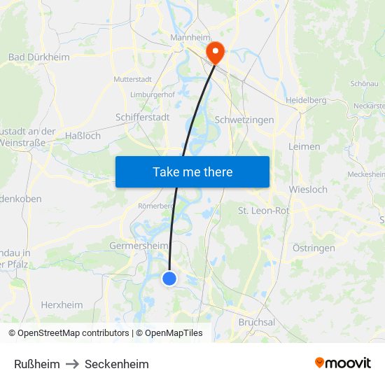 Rußheim to Seckenheim map