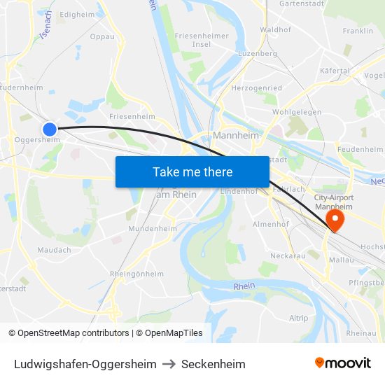 Ludwigshafen-Oggersheim to Seckenheim map