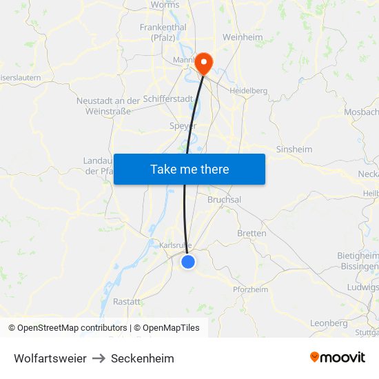 Wolfartsweier to Seckenheim map