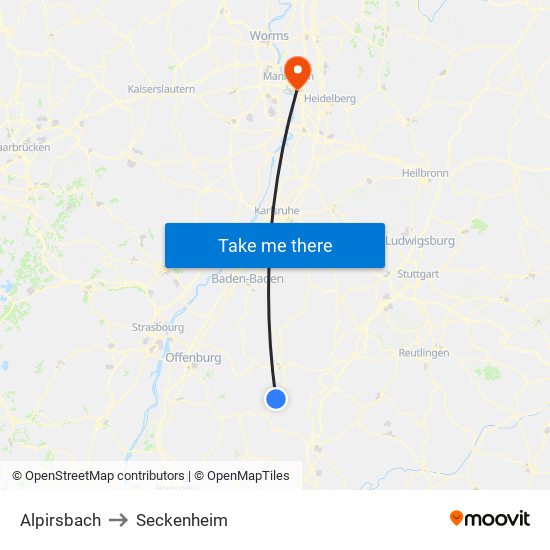 Alpirsbach to Seckenheim map