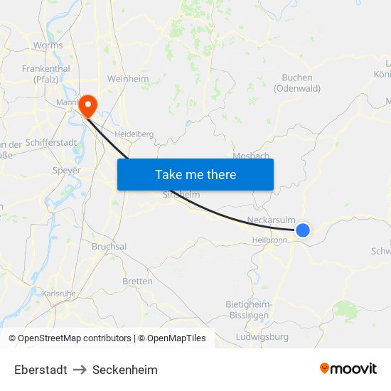 Eberstadt to Seckenheim map
