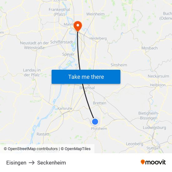 Eisingen to Seckenheim map