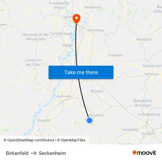 Birkenfeld to Seckenheim map