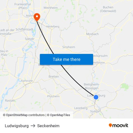 Ludwigsburg to Seckenheim map