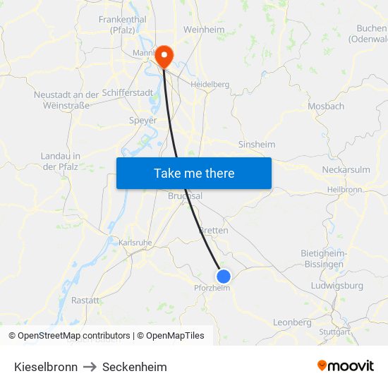 Kieselbronn to Seckenheim map