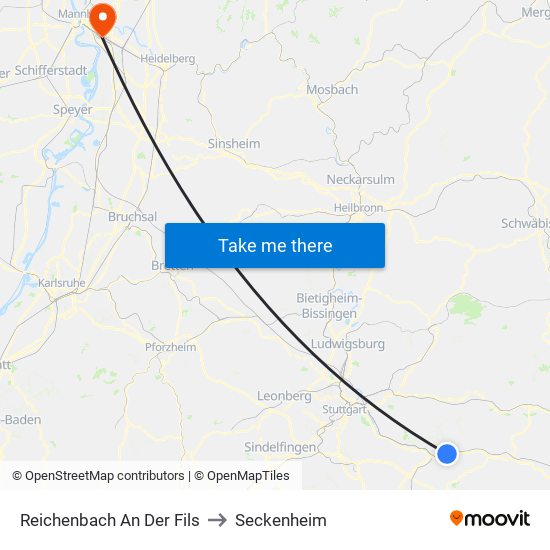 Reichenbach An Der Fils to Seckenheim map