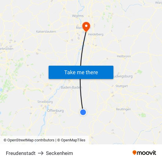 Freudenstadt to Seckenheim map