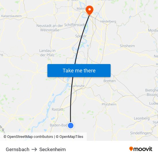 Gernsbach to Seckenheim map