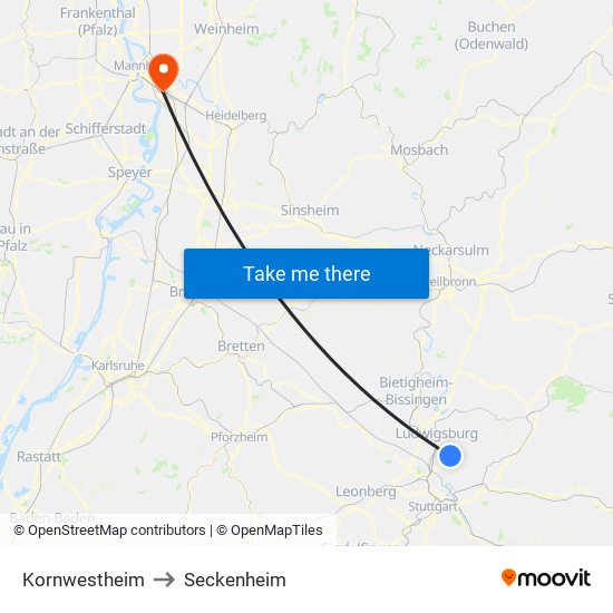 Kornwestheim to Seckenheim map