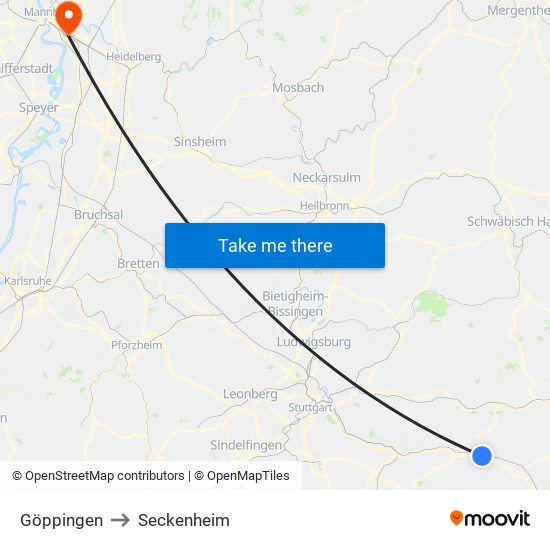 Göppingen to Seckenheim map