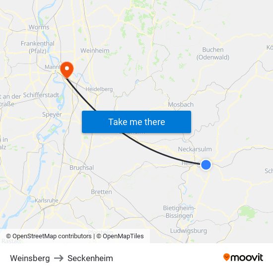 Weinsberg to Seckenheim map