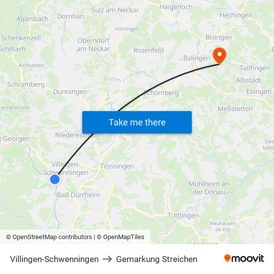 Villingen-Schwenningen to Gemarkung Streichen map