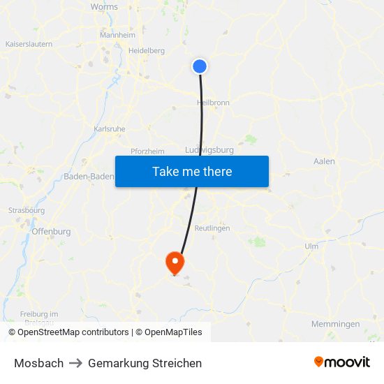 Mosbach to Gemarkung Streichen map