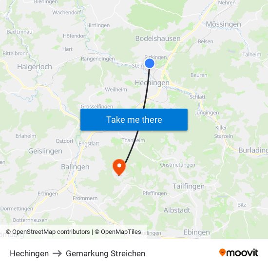 Hechingen to Gemarkung Streichen map