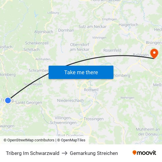 Triberg Im Schwarzwald to Gemarkung Streichen map