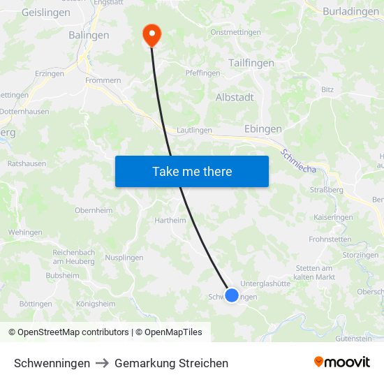 Schwenningen to Gemarkung Streichen map