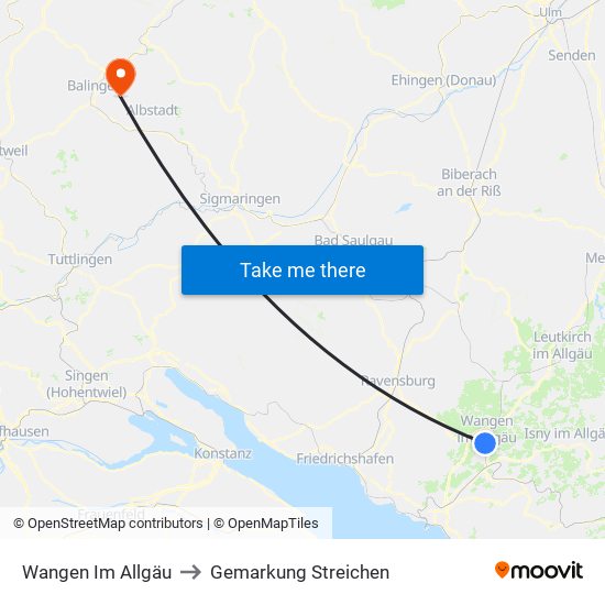 Wangen Im Allgäu to Gemarkung Streichen map