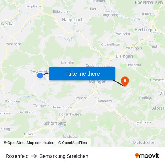 Rosenfeld to Gemarkung Streichen map