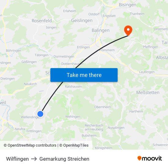 Wilflingen to Gemarkung Streichen map