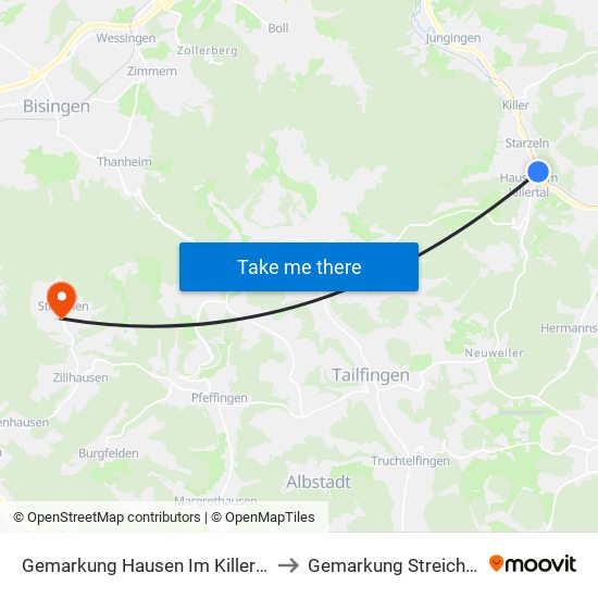 Gemarkung Hausen Im Killertal to Gemarkung Streichen map